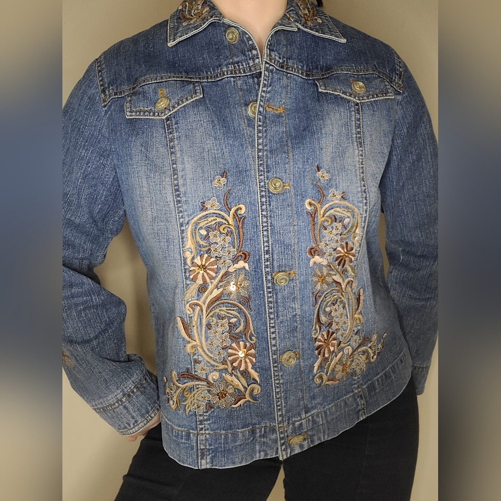 Laura Ashley embroidered beaded denim jean jacket petite medium